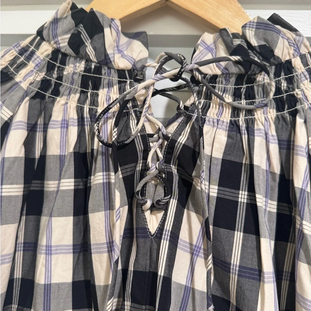 J.Crew Plaid Puff Sleeve Peasant Top Smocked Neck Cotton Blouse